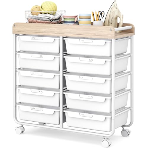 APEXCHASER White 10-Drawer Rolling Storage Cart with Wooden Top - Home & Office