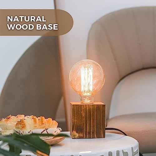 Cubic Handmade Edison Lamp with Wood Base Holder, Industrial Minimal Desk Lamp with Brass Dimmer, Dimmable Decorative Lamp for Home Lighting Decor, Housewarming Gift, Light Brown