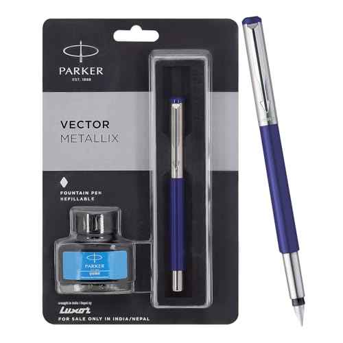 Parker Vector Mettalix Fountain Pen With Quink Ink Bottle Blue