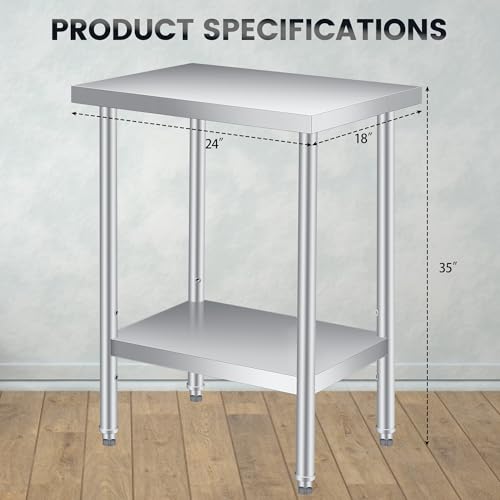 Stainless Steel Prep Table 18x24x35 in with Adjustable Undershelf – Heavy Duty Commercial Work Table