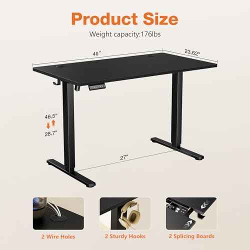 Sweetcrispy Electric Adjustable Height Standing Desk - 40 x 24 inch Sit to Stand Up Desk with Splice Board, Rising Home Office Computer Table with 2 Hook and Wire Hole for Work