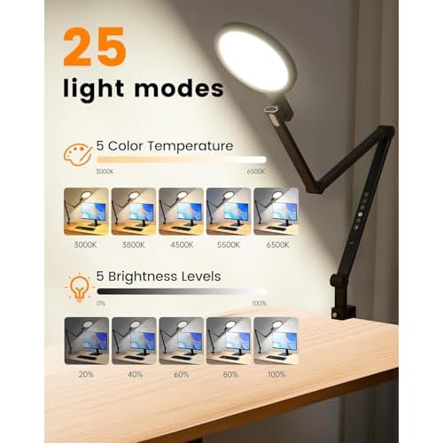 Clamp Desk Light,Eye-Care Office Desk Lamp with USB Charging Ports, 1200LM 5 Color Temp Dimmable Swing Arm Desk Light for Home Office, Computer Monitor, Video Conference & Zoom Meetings