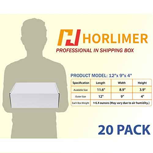 HORLIMER 12x9x4 inches Shipping Boxes Set of 20, White Corrugated Cardboard Box Literature Mailer