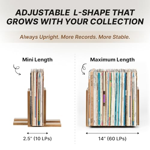 Adjustable Vinyl Record Holder for 10–60 LPs | Solid Acacia Wood