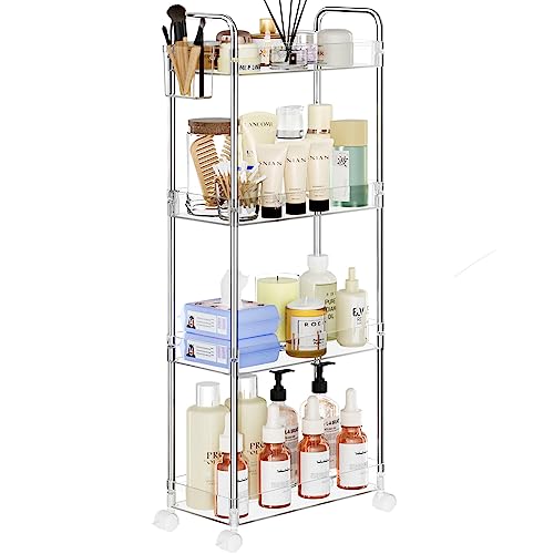 SPACEKEEPER Acrylic Rolling Storage Cart 4 Tier Clear Bathroom Cart Organizer, Transparency Rolling Utility Cart Laundry Room Organization Multifunction Mobile Shelving Unit for Office, Living Room