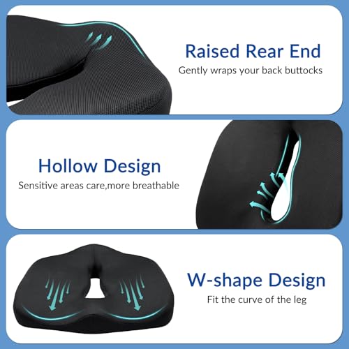 Ergonomic Memory Foam Seat Cushion for Office Chair, Extra Large Pad with U-Shaped Design for Pressure Relief, Coccyx Sciatica & Back Pain Relief, for Home, Car Long Sitting (Black)