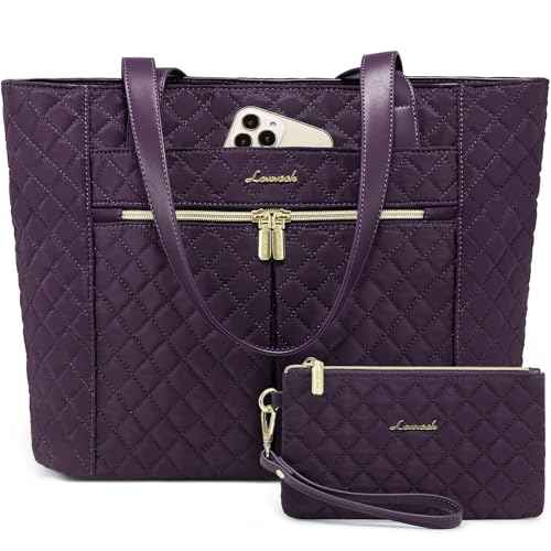 LOVEVOOK Laptop Bag for Women, Stylish Diamond Quilted Work Tote with Clutch Purse, 15.6-inch Purple Tote
