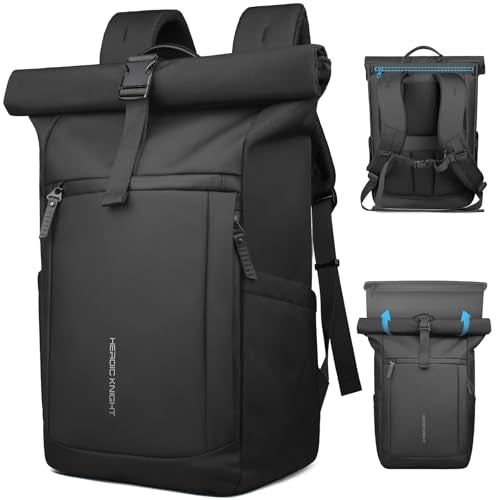 Rolltop Laptop Backpack, Water-Resistant Bussiness Travel Backpack for Men Women, Expandable 20-27L Casual Daypack for 15.6 inch Computer, Work Bag for Commute/College/Hiking,Black