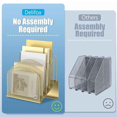Inclined Desk File Organizer, 5-Section Vertical File Folder Holder Stand Metal Rack File Sorter for Office Classroom Desktop Organization (Gold, 1Pack)