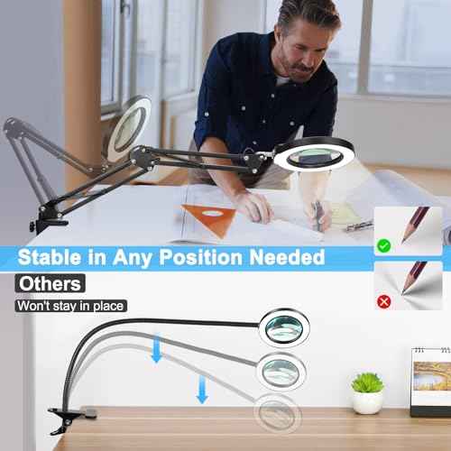 10X Magnifying Glass with Light and Clamp, Real Glass Stand Lighted Magnifier, 5 Color Modes Stepless Dimmable LED Desk Lamp Hands Free for Crafts Hobby Reading Painting Sewing Close Work