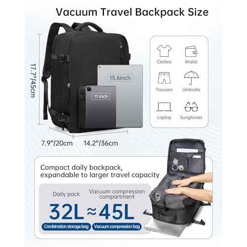 Vacuum Backpack Travel with Pump Vacpack for Women Men Compression Backpack Airplane Approved Personal ltem Bag with Vacuum System Mochila de vac?o Cabin Bag Carry On with Airbag,Black