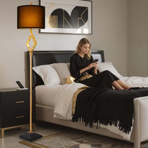 Scenekoy Sculptural 64.5¡± Floor Lamp for Living Room Bedroom, Gold Leaf Finish & Black Faux Silk Shade, Pull Chains Switch Standing Lamp, Brightness Adjustable Lamp with Bulb Prefer for Home Office