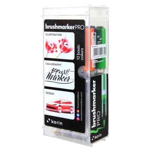 Karin Brushmarker Pro 12pc Basic Colors brush tip markers Set, Blendable, Water-Based, Professional Grade Brush Markers for Adults and Artists, 12 Basic Colors, Adult Markers for Coloring Books