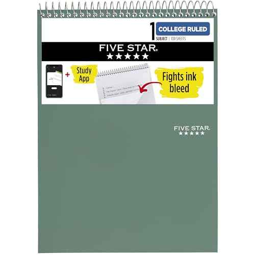 Five Star Top Spiral Notebook + Study App, 1 Subject, College Ruled Notepad, 8-1/2" x 11", 100 Sheets, Fights Ink Bleed, Water Resistant Cover, Seaglass Green (820058C-ECM)