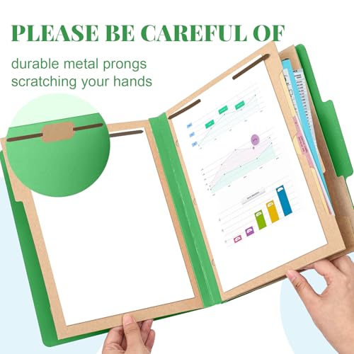 12 Pcs Classification Folders Letter Size 3 Pocket Dividers Employee File Folder with 2 Prongs Fasteners, 2 in Expansion Heavy Duty Pressboard File Holder for School Office Medical Document(Green)
