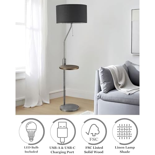 ELYONA C Shaped End Table Floor Lamp with USB A+C Charging Ports Wood Side Table Modern Reading Light Black Linen Shade Farmhouse Tall Standing Lamp for Living Room Bedroom Office LED Bulb Included