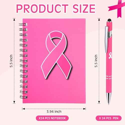 24 Sets Breast Cancer Awareness Pink Ribbon Pocket Notebooks and Pens Hope Strength Journal Notepads for Breast Cancer Awareness Party Favors Items Charity Public Events