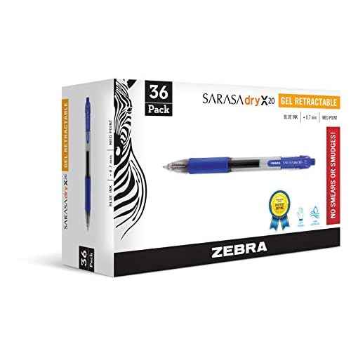 Zebra Pen Sarasa Dry X20 Retractable Gel Pens, 0.7mm Medium Point, Blue Ink with Rapid Dry Ink Technology, Ideal for Office Supplies and School Supplies, 36-Pack (46236)