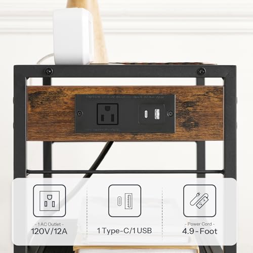 HOOBRO Industrial Printer Stand, 3-Tier Mobile Printer Table, Rolling Cart with Power Outlets and USB Ports, Home Printer Stand with 2 Hooks, for Office, Living Room, Rustic Brown BF22UPS01