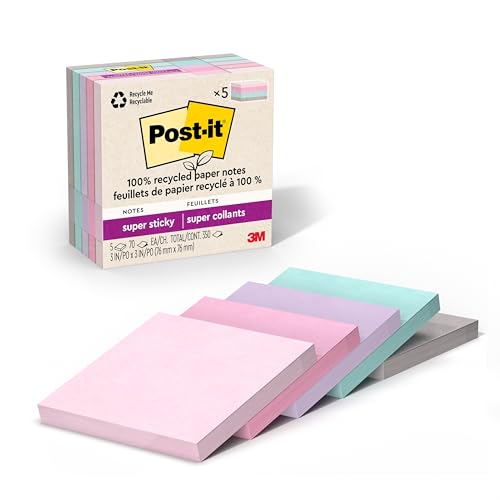 Wanderlust Pastels Post-it Super Sticky Notes 3x3 Inch, 5 Pads, Recycled Paper