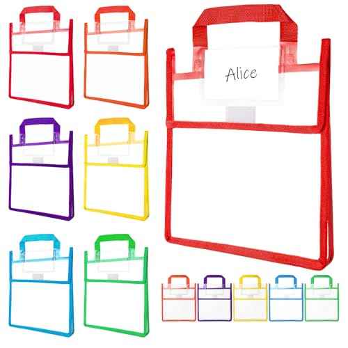 Tdfronien12 Pack Student Clear Book Pouches Bulk with Name Card Pocket and Handles Book Bags for Kids Organizing Storage Waterproof Pouches School Classroom Toys and Office (Bright Color,10 x 12 Inch)