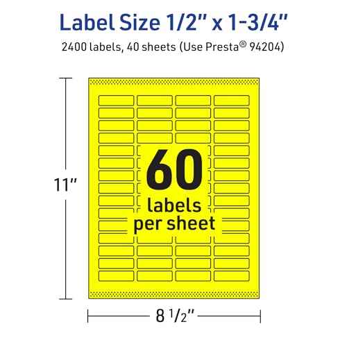 Avery Printable Rectangle Labels, Sure Feed Technology, 1/2" x 1-3/4", Neon Yellow Labels, Print-to-The-Edge, Laser/Inkjet Printable, 2,400 Total, Great for Jars and More