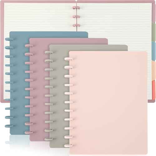 Glenmal 4 Sets Discbound Notebook, 8.5" x 11" Customizable Notebook Letter Size Includes Discs 5 Tab Note Dividers College Ruled Removable Pages Refillable Subject Journal for Office(Bright Color)