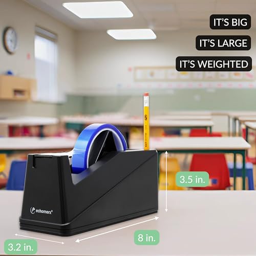Echomerx One-Handed Desk Tape Dispenser with Weighted Non-Slip Base, 1" and 3" Core Compatibility