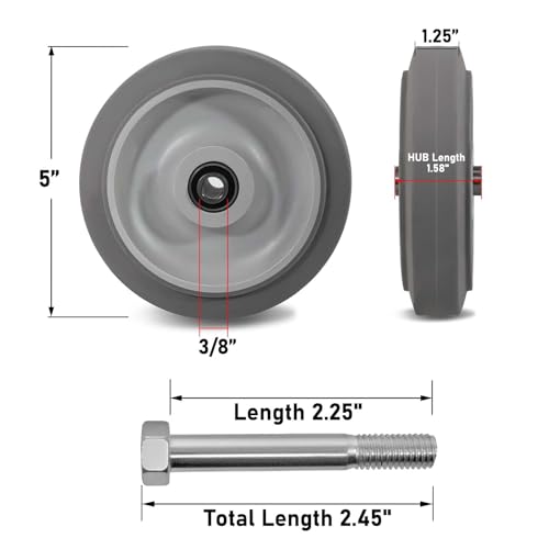 LONGRUNFORU 5in Thermoplastic Rubber Caster Wheels – Set of 4, 275 lbs Each, Grey (5"×1.25"), Non-Marking, Plain Bearing