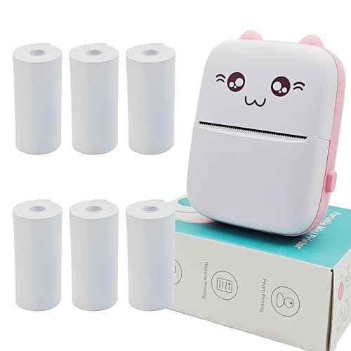 Mini Portable Small Printer Paper 6 Rolls Sticker Machine Mini Sticker Study Printer for Pictures Photos Compatible with Android and iOS Wireless&Bluetooth Pink