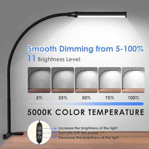 ShineTech LED Desk lamp with Clamp, 5000K Daylight White 11 Brightness Level Eye-Caring Clip Lights for Home Office, Flexible Gooseneck USB Adapter, Black