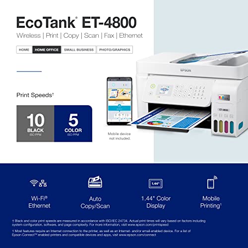 Epson EcoTank ET-4800 Wireless All-in-One Cartridge-Free Supertank Printer with Scanner, Copier, Fax, ADF and Ethernet ? Ideal-for Your Home Office, White