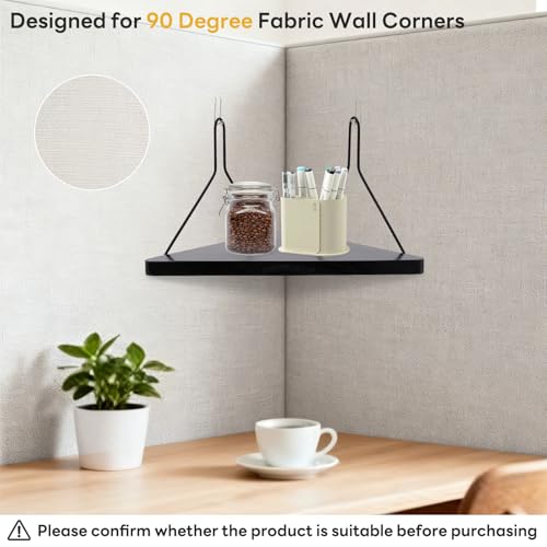 APUDWN Black Fabric Corner Shelf with Hooks 11.8 Inch Wooden Triangular Office Organizer