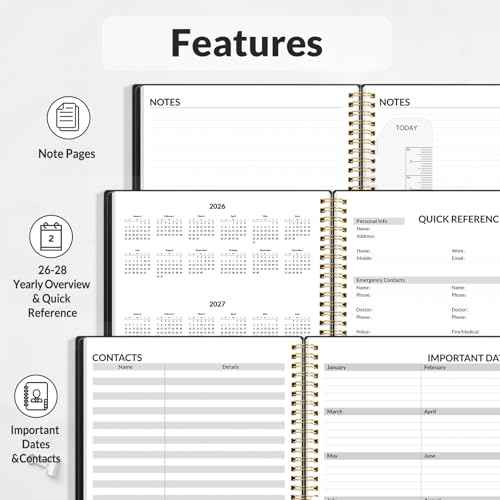 SUNEE 2026 Weekly and Monthly Planner - from January 2026 - December 2026, 6.4" x 8.3" Daily Agenda Planner with Monthly Tab, Flexible Cover, Note Pages, Pockets, Bookmark, Spiral Binding, Black