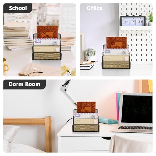 Mesh Mail Organizer 3 Slot Mail Holder for Desk Mesh Letter Sorter File Holder for Home Office Documents, Envelopes, and Postcards Paper Clip Holder set (Black)