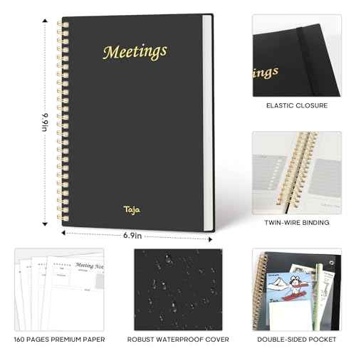 6 Pack of Meeting Notebook for Work Organization - Work Planner Notebook with Action Items, Agenda Planner for Note Taking, 160 Pages (6.9" X 9.9") Project Organizer for Men & Women - Black