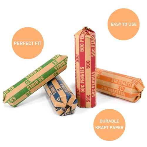 L LIKED 150 Assorted Bundle Flat Striped Coin Wrappers (50 Pennies, 50 Quarters, 25 Nickels and 25 dimes)