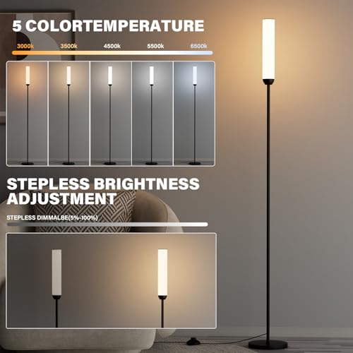 Ambimall LED Floor Lamp with Remote Control, 65" Standing Lamp with Stepless Adjustable 3000K-6500K Colors & 5%-100% Brightness, Foot Switch(Black)