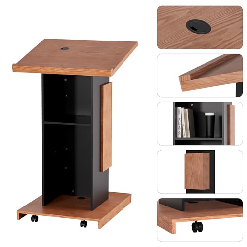 LayBurst Podium Stand with Lockable Wheels - Wood Lectern with Storage (Wood & Black) 15mm Particle Board