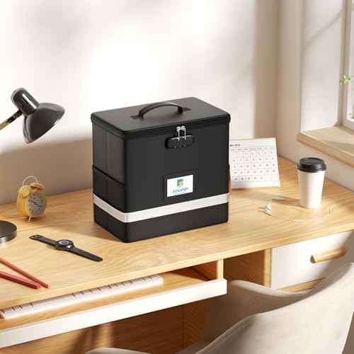 Fireproof File Box with Lock, Document Box Storage Organizer, Suitable for Hanging File Folders in Letter Size, Collapsible File Box, Reflective Strip for Fast Find (12.2"*6"*10.2, Black)