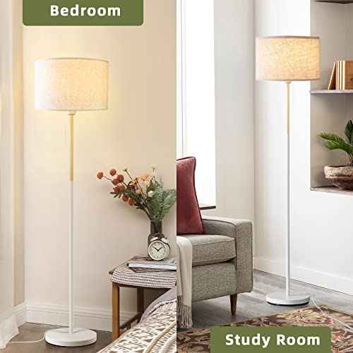 Bedroom Floor Lamp Farmhouse Floor Lamps for Living Room Mid-Century Pole Lamp Linen Lamp Shade, Standing Tall Lamps for Bedrooms and Office (White)