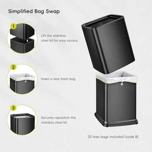 EKO Laguna 2.6 Gallon/10L Matte Black Stainless Steel Open Top Trash Can with Removable Inner Basket - Modern Bathroom & Office Waste Bin