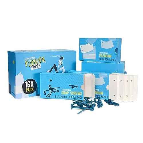 ANDYMATION 16X Flipbook Paper Pack, Refill Paper Sheets for All Andymation Flipbook Kits, Premium pre-drilled Sheets for Perfect Registration, Snap Screws, Enough for 16 Flipbooks.