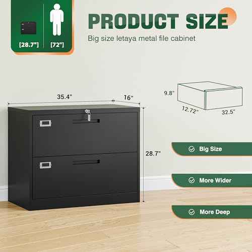 Letaya Metal Lateral File Cabinets with Lock,2 Drawer Steel Wide Filing Organization Storage Cabinets,Home Office Furniture for Hanging Files Letter/Legal/F4/A4 Size (Blcak-2 Drawer)