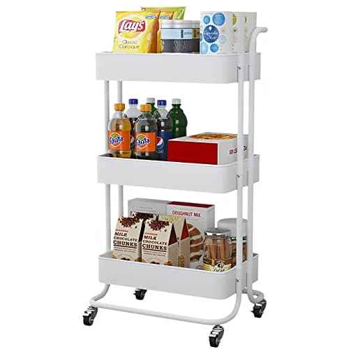 Sooyee 3 Tier Utility Cart,Rolling Cart with Handle and Lockable Wheels, Multi-Functional Storage Cart for Office, School,Living Room, Kitchen, Bathroom, Bedroom,Laundry, White