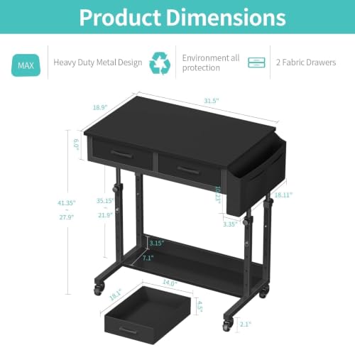 WINAZ 31.5" Black Adjustable Rolling Standing Desk with Drawers - Mobile Workspace