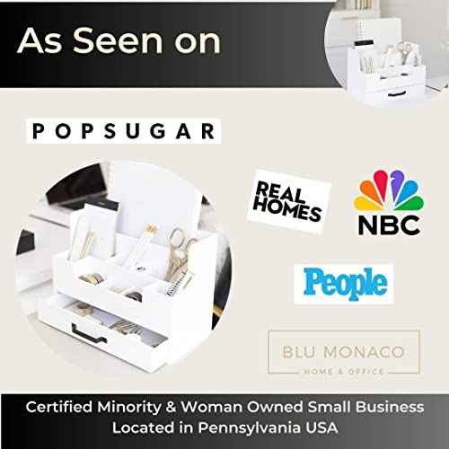 BLU MONACO White Wooden Desk Organizer with Drawer ? Office Desk Caddy for Supplies and Accessories ? Stylish Desktop Storage for Women