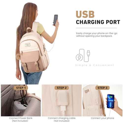 School Backpack for Teen Girls, Cute College Backpacks for Women Students Aesthetic Bookbag Large 15.6 Inch Laptop Bag Middle School Travel Back Pack (Khaki Beige)