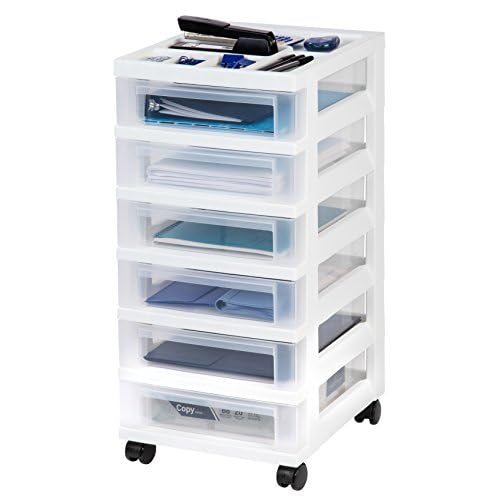 IRIS USA Plastic Drawer Storage Organizer Rolling Cart, with Wheels Casters, 6-Drawers, for Classroom Art Craft Supplies Dresser Closet Bathroom Laundry Room, White/Clear