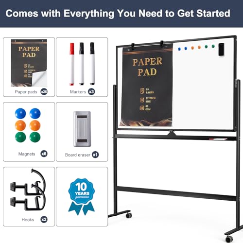 Tankee 48x32 Black Rolling Whiteboard - Large Magnetic Dry Erase Board on Wheels